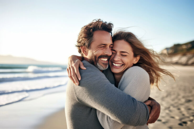 Joyful couple a relationship, a man and woman, sharing a loving hug on a beach,